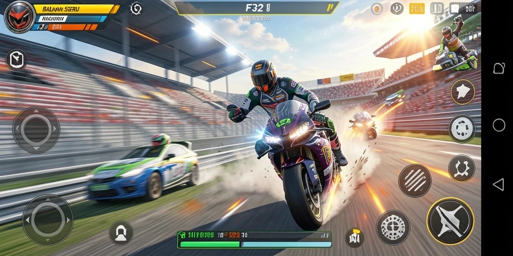Gameplay seru F32 dengan aksi balapan mendebarkan.