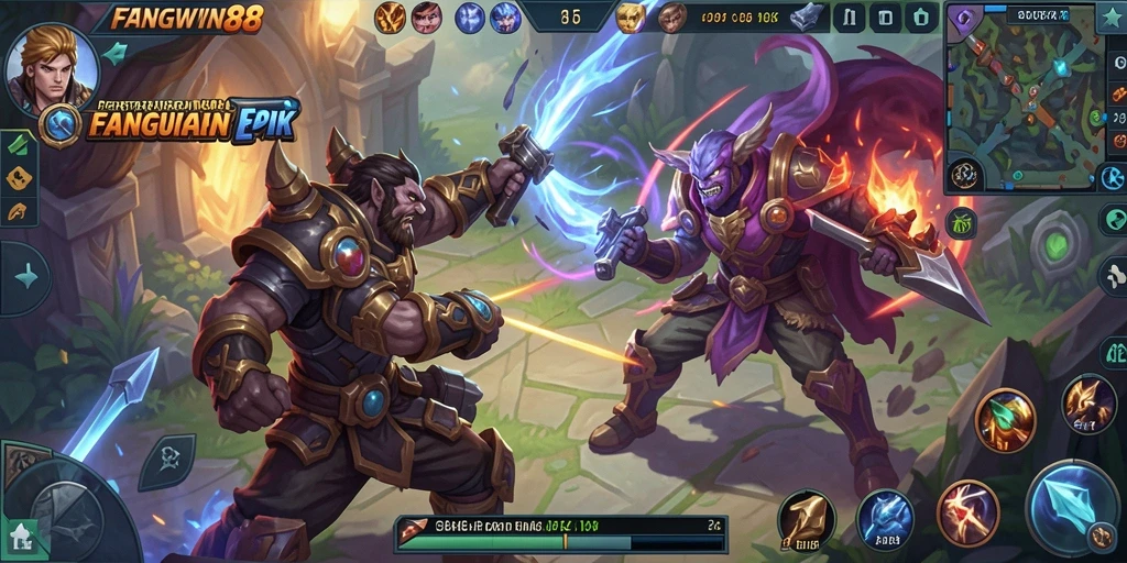 Menampilkan aksi seru dalam gameplay FANGWIN88 MOBA.