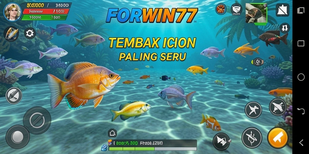 Screenshot permainan FORWIN77 menampilkan aksi menembak ikan yang menarik dan penuh warna.