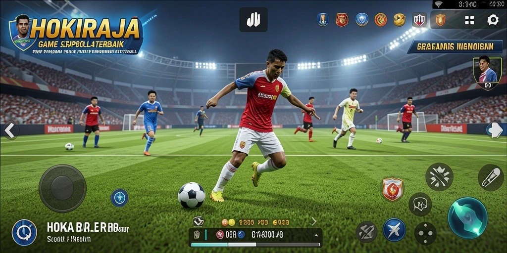 Screenshot HOKIRAJA menampilkan gameplay sepak bola yang penuh aksi.