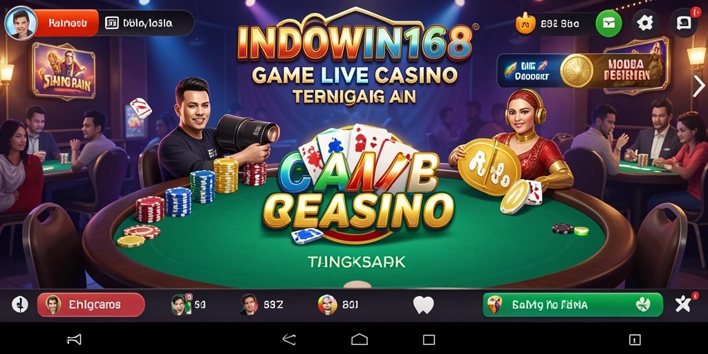 Screenshot gameplay INDOWIN168 menampilkan dealer dan meja permainan Live Casino yang menarik.