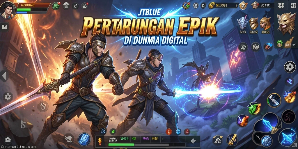 Tangkapan layar utama JTBLUE menunjukkan aksi pertarungan yang seru dan karakter unik.