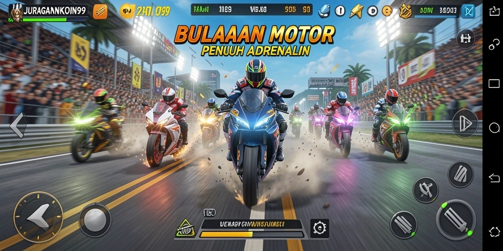 Tampilan gameplay JURAGANKOIN99 yang mendebarkan saat balapan motor.