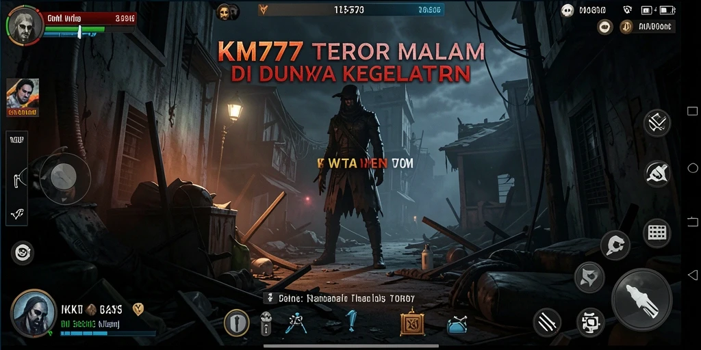 Screenshot menunjukkan gameplay menegangkan di dunia gelap KM777.