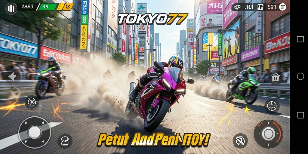 Screenshot gameplay TOKYO77 menunjukkan balapan motor yang mendebarkan dan penuh warna.