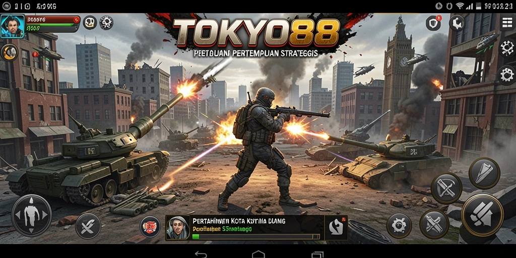 Tampilan gameplay menegangkan dari TOKYO88 saat mempertahankan kota.