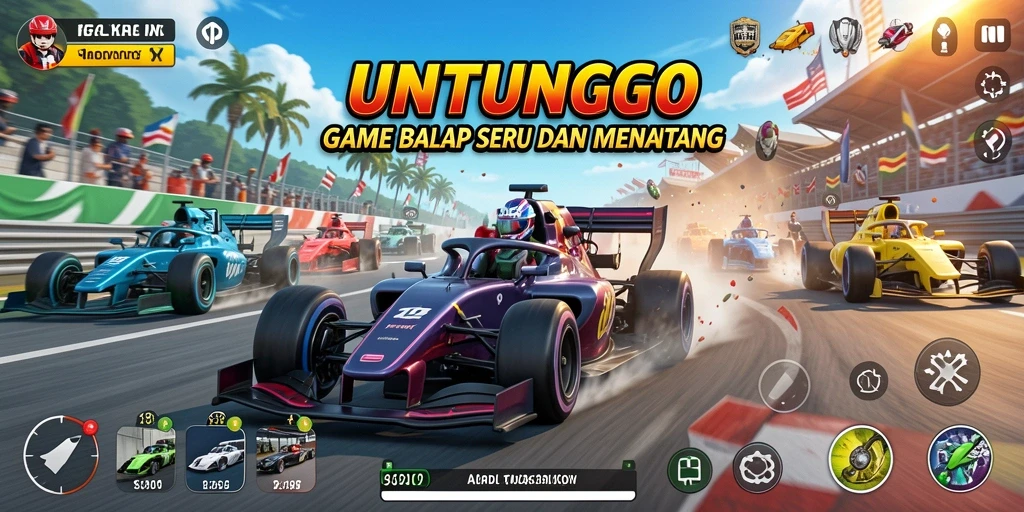 Tangkapan layar utama UNTUNGGO yang menampilkan gameplay balap yang mendebarkan.