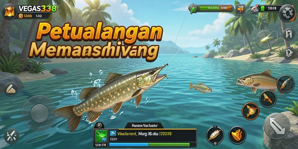Screenshot gameplay menunjukkan karakter memancing dengan latar belakang laut yang indah.